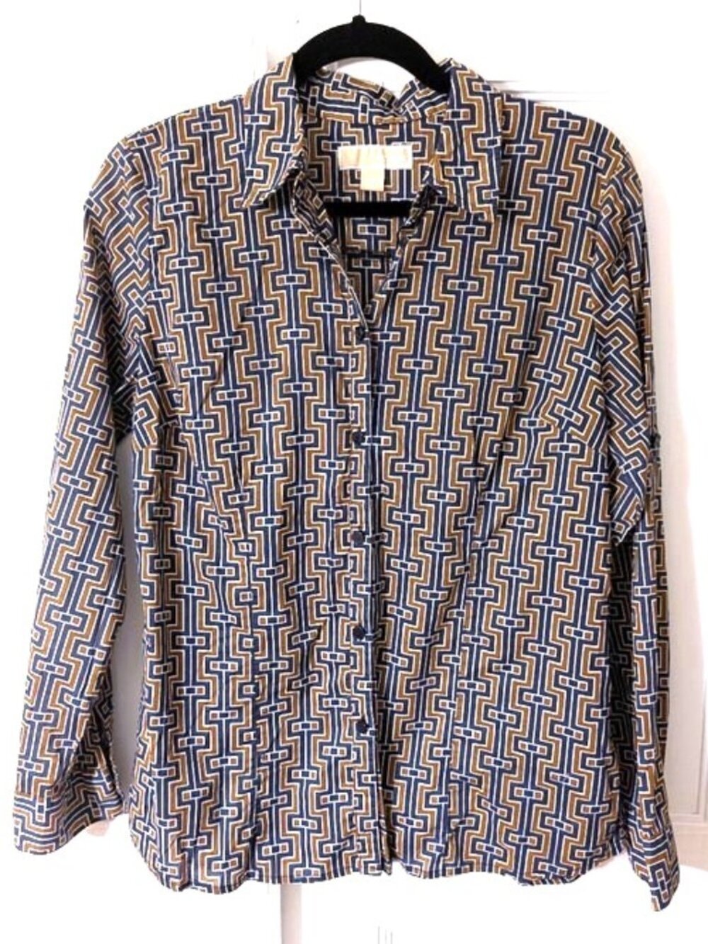 MICHAEL Michael Kors Cotton Geometric Print Roll Tab Blouse - Navy & Mustard 12